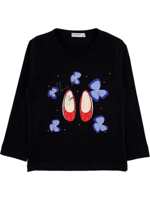 Bubuga Kız Çocuk %100 Pamuk Lacivert Renk Ayakkabı Baskılı Uzun Kol Tshirt