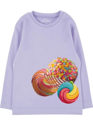 Bubuga Kız Çocuk %100 Pamuk Lila Renk Şeker Baskılı Uzun Kol Tshirt