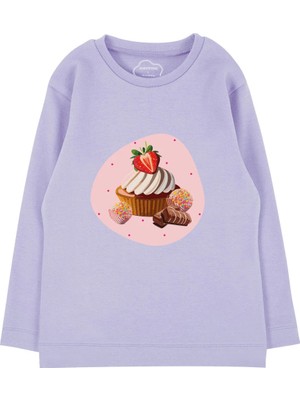 Bubuga Kız Çocuk %100 Pamuk Lila Renk Cupcake Baskılı Uzun Kol Tshirt
