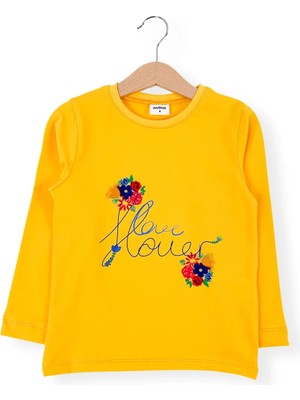 Bubuga Kız Çocuk %100 Pamuk Sarı Renk Flowers Baskılı Uzun Kol Tshirt