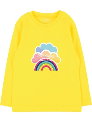 Bubuga Kız Çocuk %100 Pamuk Sarı Renk Gökkuşağı Baskılı Uzun Kol Tshirt