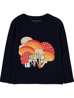 Bubuga Kız Çocuk %100 Pamuk Lacivert Renk Hello Mantar Baskılı Uzun Kol Tshirt