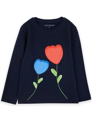 Bubuga Kız Çocuk %100 Pamuk Lacivert Renk Gergous Baskılı Uzun Kol Tshirt
