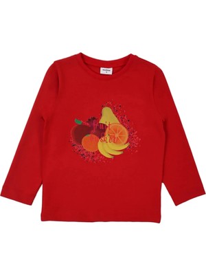 Bubuga Kız Çocuk %100 Pamuk Kırmızı Renk Fruit Baskılı Uzun Kol Tshirt