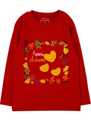 Bubuga Kız Çocuk %100 Pamuk Kırmızı Renk Romantic Baskılı Uzun Kol Tshirt