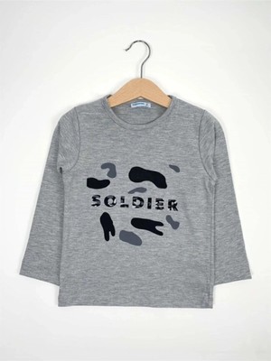 Bubuga Erkek Çocuk %100 Pamuk Gri Renk Soldier Baskılı Uzun Kol Tshirt