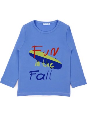 Bubuga Erkek Çocuk %100 Pamuk Gök Mavi Renk Kaykay Baskılı Uzun Kol Tshirt
