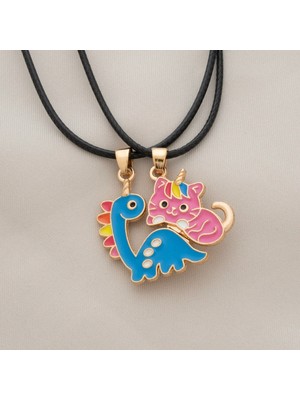 Zuum 2 Li Mavi Dinozor , Pembe Unicorn Kedi Mıknatıslı Ip Kolye , Arkadaş Kolyesi , Best Friends