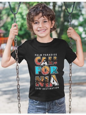 Bubuga Erkek Çocuk California Palm Paradise Surf Baskılı Kısa Kollu Tişört – %100 Pamuk Süprem Kumaş