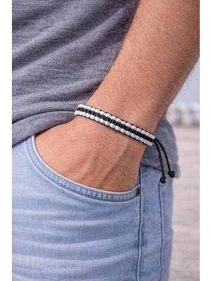 Siyah Beyaz Makrome Örgü Taraftar Unisex Bileklik 16CM-28CM