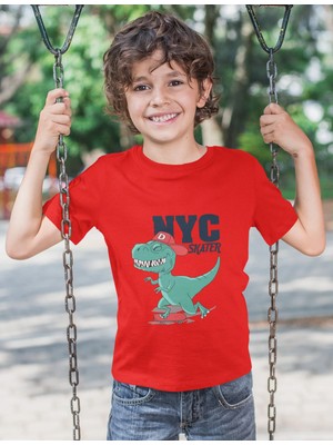 Bubuga Erkek Çocuk Nyc Skater Dinozor Baskılı Kısa Kollu Tişört – %100 Pamuk Süprem Kumaş