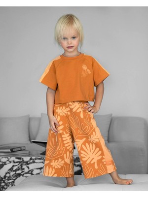 Kız Çocuk Tropikal Desenli Crop Tshirt Wide Leg Pantolonlu 2 Li Takım