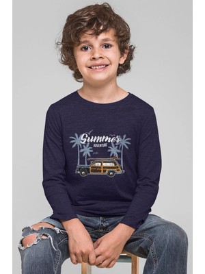 Bubuga Erkek Çocuk Lacivert Yazlık Tişört - Araba ve Palmiye Desenli, Uzun Kollu