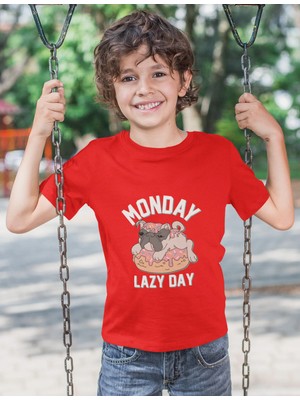 Bubuga Erkek Çocuk Monday Lazy Day Pug Köpek Baskılı Kısa Kollu Tişört – %100 Pamuk Süprem Kumaş