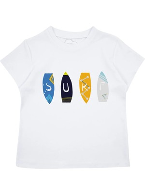 Bubuga Erkek Çocuk %100 Pamuk Beyaz Surf Baskılı Kısa Kol Tshirt