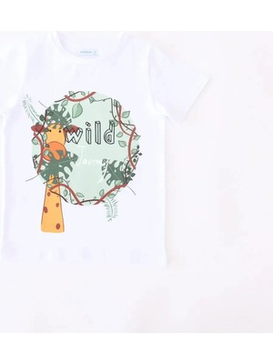 Bubuga Erkek Çocuk %100 Pamuk Beyaz Renk Zürafa Baskılı Kısa Kol Tshirt