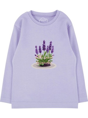 Bubuga Kız Çocuk %100 Pamuk Lila Renk Lavanta Baskılı Uzun Kol Tshirt