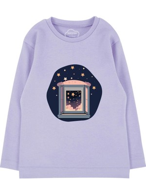 Bubuga Kız Çocuk %100 Pamuk Lila Renk Gece Yıldız Baskılı Uzun Kol Tshirt