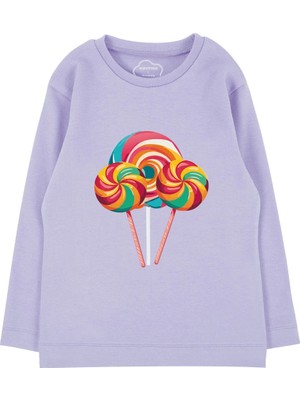 Bubuga Kız Çocuk %100 Pamuk Lila Renk Lolipop Baskılı Uzun Kol Tshirt
