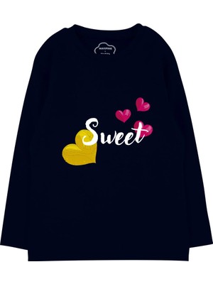 Bubuga Kız Çocuk %100 Pamuk Lacivert Renk Sweet Baskılı Uzun Kol Tshirt