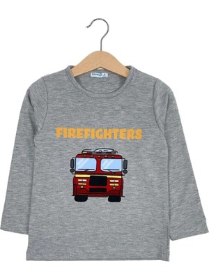 Bubuga Erkek Çocuk %100 Pamuk Gri Renk Itfaiye Baskılı Uzun Kol Tshirt