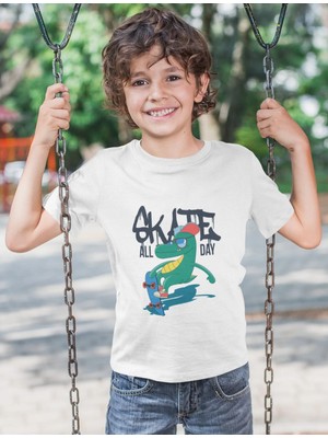 Bubuga Erkek Çocuk Skate All Day Dinozor Baskılı Kısa Kollu Tişört – %100 Pamuk Süprem Kumaş