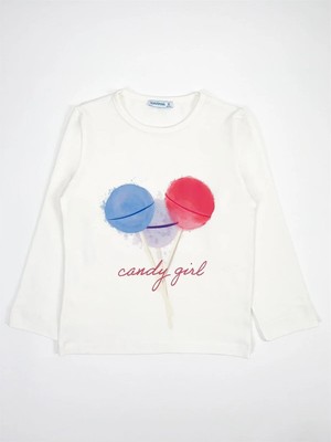 Bubuga Kız Çocuk %100 Pamuk Ekru Renk Candy Girl Baskılı Uzun Kol Tshirt