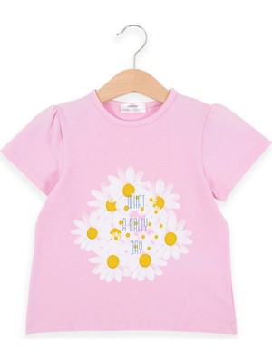 Bubuga Kız Çocuk %100 Pamuk Pembe Renk Papatya Baskılı Kısa Kol Tshirt