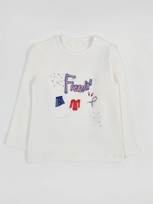 Bubuga Kız Çocuk %100 Pamuk Ekru Renk Freezin Baskılı Uzun Kol Tshirt
