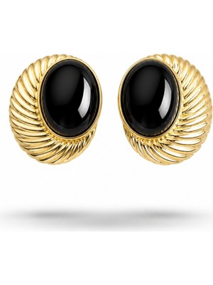 Serelya Pirinç Gold Renk Siyah Boncuklu Oval Vintage Kadın Küpe