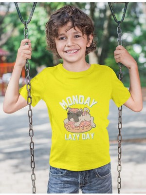 Bubuga Erkek Çocuk Monday Lazy Day Pug Köpek Baskılı Kısa Kollu Tişört – %100 Pamuk Süprem Kumaş