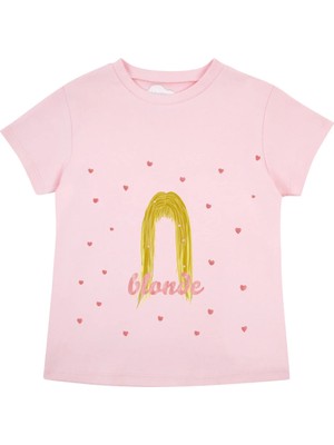 Bubuga Kız Çocuk %100 Pamuk Pembe Blonde Baskılı Kısa Kol Tshirt
