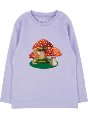 Bubuga Kız Çocuk %100 Pamuk Lila Renk Mantar Baskılı Uzun Kol Tshirt