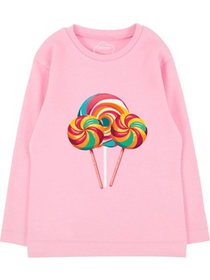 Bubuga Kız Çocuk %100 Pamuk Pembe Renk Lolipop Baskılı Uzun Kol Tshirt