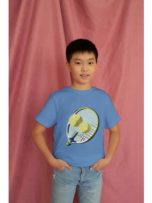 Bubuga Erkek Çocuk %100 Pamuk Premium Tenis Raket Baskılı Kısa Kol Tshirt