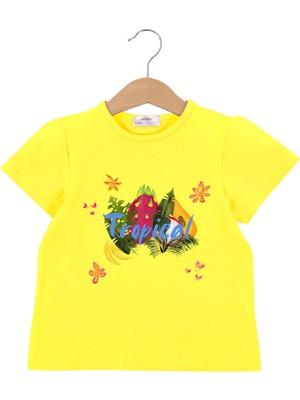 Bubuga Kız Çocuk %100 Pamuk Sarı Renk Tropical Baskılı Kısa Kol Tshirt