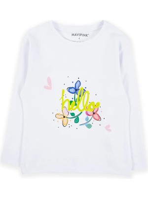 Bubuga Kız Çocuk %100 Pamuk Beyaz Renk Hello Çiçek Baskılı Uzun Kol Tshirt