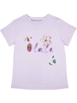 Bubuga Kız Çocuk %100 Pamuk Lila Olala Baskılı Kısa Kol Tshirt