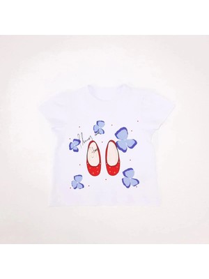 Bubuga Kız Çocuk %100 Pamuk Beyaz Renk Ayakkabı Baskılı Kısa Kol Tshirt