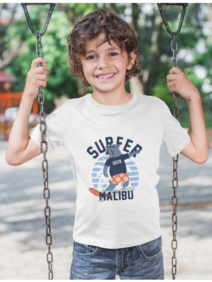 Bubuga Erkek Çocuk Surfer Malibu Baskılı Kısa Kollu Tişört – %100 Pamuk Süprem Kumaş