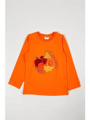 Bubuga Kız Çocuk %100 Pamuk Turuncu Renk Fruit Baskılı Uzun Kol Tshirt
