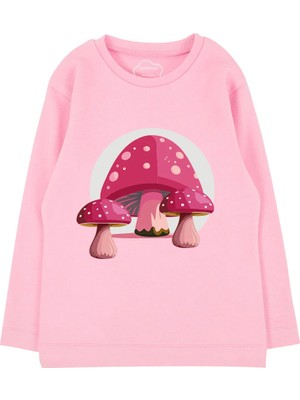 Bubuga Kız Çocuk %100 Pamuk Pembe Renk Fuşya Mantar Baskılı Uzun Kol Tshirt