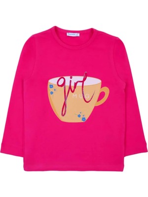 Bubuga Kız Çocuk %100 Pamuk Fuşya Renk Girl Mug Baskılı Uzun Kol Tshirt