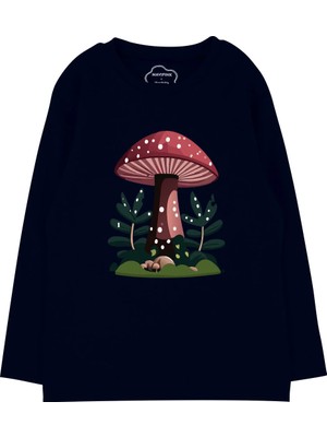 Bubuga Kız Çocuk %100 Pamuk Lacivert Renk Mantar Baskılı Uzun Kol Tshirt