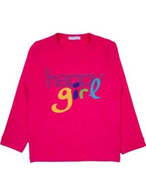 Bubuga Kız Çocuk %100 Pamuk Fuşya Renk Happy Girl Baskılı Uzun Kol Tshirt