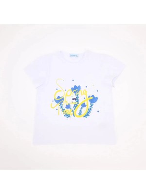 Bubuga Kız Çocuk %100 Pamuk Beyaz Renk Spring Time Baskılı Kısa Kol Tshirt