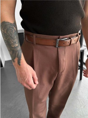 Elku Moda Erkek Relaxed Fit Pileli Kumaş Pantolon Old Money Stil Yüksek Bel Dökümlü Pantolon