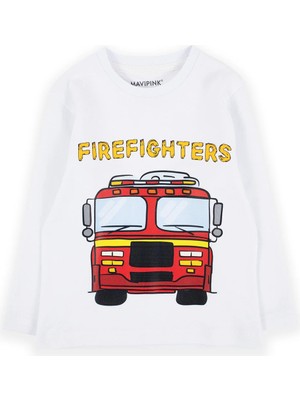 Bubuga Erkek Çocuk %100 Pamuk Beyaz Renk Itfaiye Baskılı Uzun Kol Tshirt