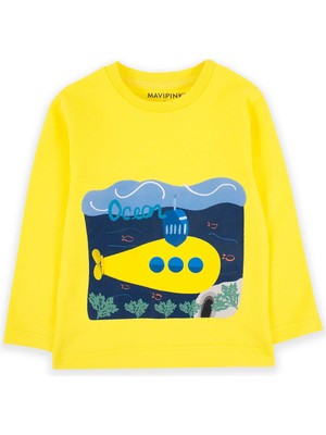 Bubuga Erkek Çocuk %100 Pamuk Sarı Renk Denizaltı Baskılı Uzun Kol Tshirt