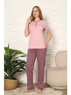 Alimer Kadın Pijama Takımı - Gül Kurusu Puantiyeli Kısa Kollu Pamuk 2672KY